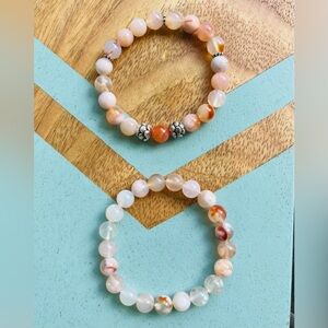 Set of 2 Sakura Cherry Blossom Agate Stone Bead Bracelets
